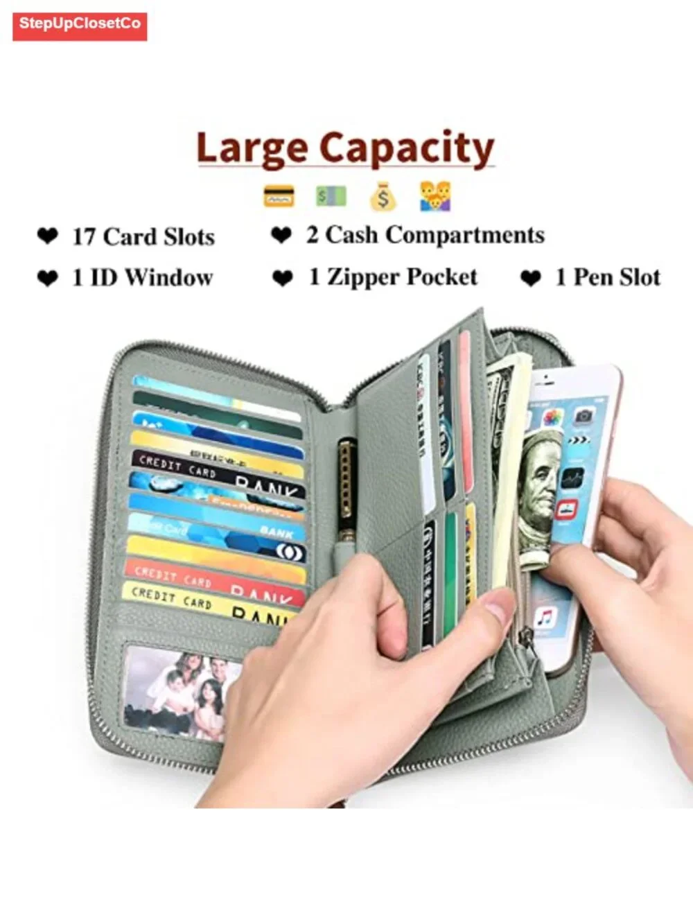 Leather RFID Blocking Zip Around Large Capacity Long Wallet with Wristlet